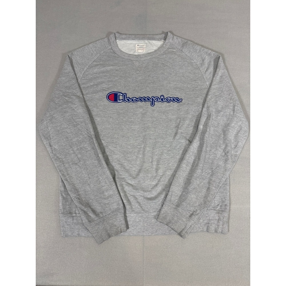 Champion Mens XL Gray Script Logo Raglan Crewneck Sweatshirt‎ Pullover 0559
